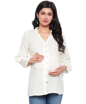 Mometernity Full Sleeves Solid Color Button Down Maternity Shirt Style Top - Off White