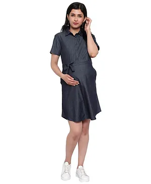 Mometernity Half Sleeves Solid Denim MaternityTunic Dress With Mask - Blue