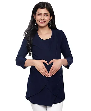 Mometernity Three Fourth Sleeves Solid Crossover Maternity Top - Navy Blue
