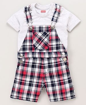Babyhug Dungaree With Half Sleeves Tee Printed - Grey - 9-12m Red