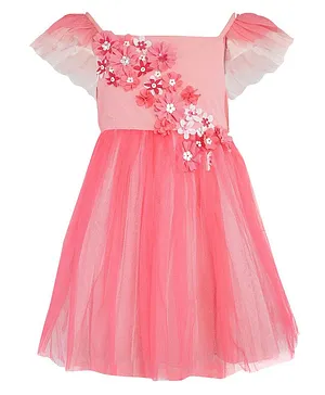 A Little Fable Cap Sleeves Flower Embellished Dress - Pink
