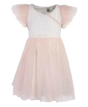 A Little Fable Cap Sleeves Self Design Dress - Pink