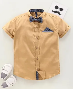 Play by Little Kangaroos Party Wear Half Sleeves Shirt With Bow -  Fawn