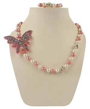 Daizy Butterfly Sparkling Butterfly Detailed Necklace With Bracelet - Pink
