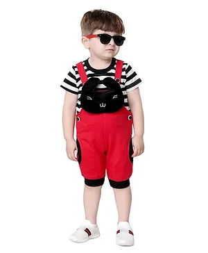 Kooka Kids Half Sleeves Striped Inner T-Shirt With Dungaree - Red