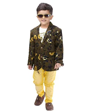 Kooka Kids Full Sleeves Floral Printed Blazer With Tee & Bottom - Golden