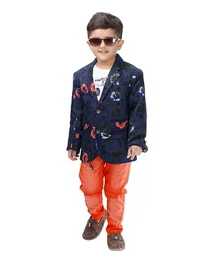 Kooka Kids Full Sleeves Floral Printed Blazer With Tee & Bottom - Blue