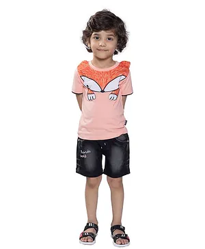 Kooka Kids Half Sleeves Fox Theme Tee With Shorts - Peach
