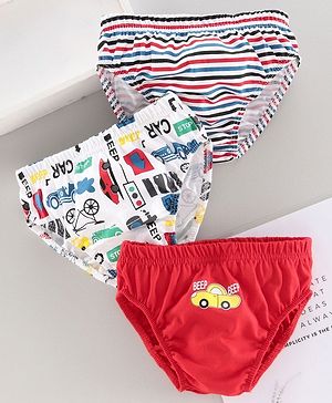 Babyhug 100% Cotton Brief Car Print Pack of 3 - Red White