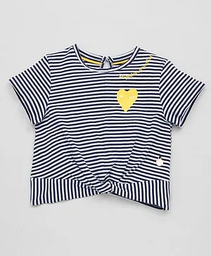 Angel & Rocket Striped Short Sleeves Heart Embroidery Detailing Top - Navy Blue