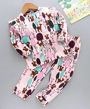 Ventra Full Sleeves Forest Print Night Suit - Pink
