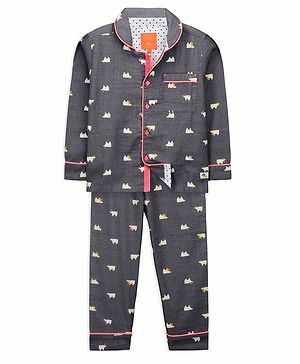 Cherry Crumble by Nitt Hyman Full Sleeves Bear Printed Night Suit - Dark Grey