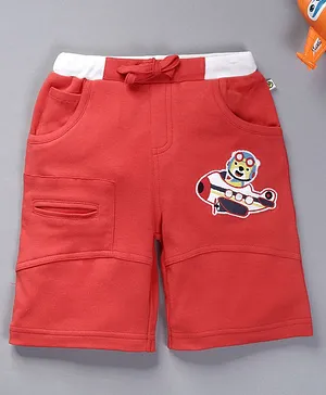 Pranava Organic Cotton Three Fourth Length Aeroplane Applique Shorts - Red