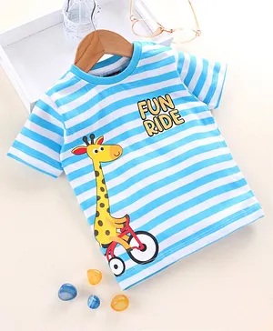 Babyhug Half Sleeves Biowashed Stripe Tee Giraffe Print - Blue White