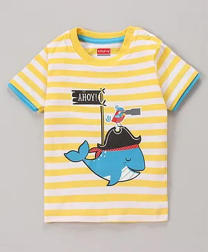 Babyhug Half Sleeves Bio Wash Striped Tee Whale Print - Yellow
