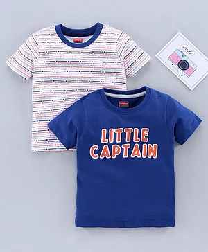 Babyhug Half Sleeves Cotton Tee Little Captain Print Pack of 2 - Navy White AOP