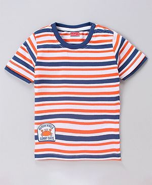 Babyhug Half Sleeves Bio Wash Striped Tee  - Navy Stripes - 6-9m Blue