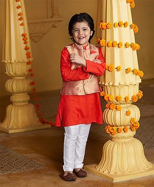 Babyhug Full Sleeves Kurta Payjama Set Witb Waistcoat - Red Golden