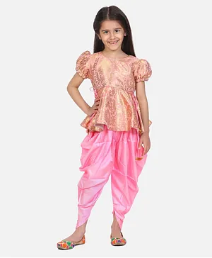 Whitehenz Clothing Short Sleeves Self Design Kurta With Dhoti - Golden & Pink