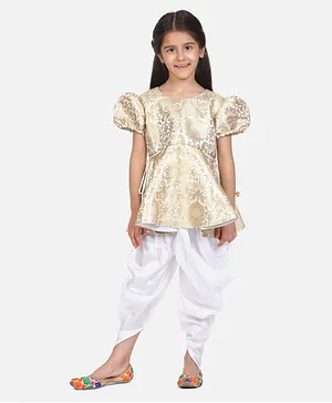 Whitehenz Clothing Short Sleeves Self Design Kurta With Dhoti - Golden & White