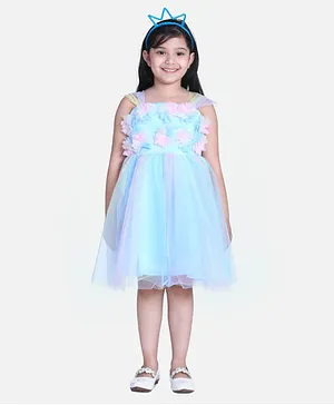 Whitehenz Clothing Sleeveless Flower Applique Dress - Blue & Pink
