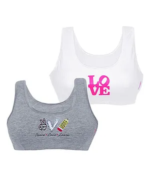 D'chica Pack of 2 Non-Wired & Non Padded Love Peace & Learn Print Bra - Grey White
