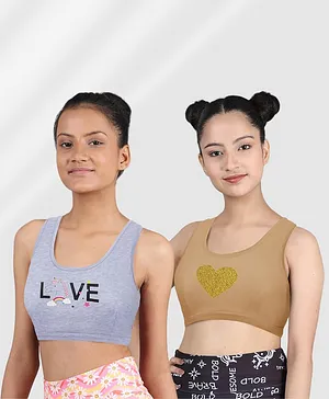 D'chica Pack of 2 Non-Wired Non Padded Love & Heart Themed Bras - Skin and Grey