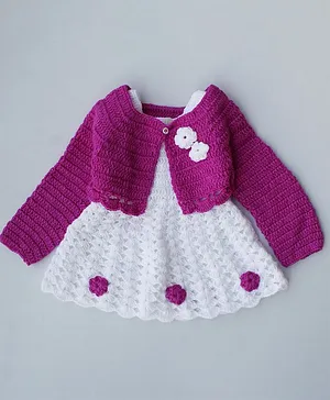 Woonie Handmade Short Sleeves Dress With Floral Embellished Shrug - Purple