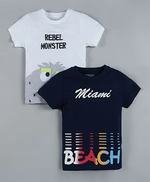 Plum Tree Pack of 2 Half Sleeves Monster Print T-Shirts - Navy Blue & White