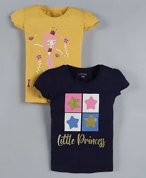 Plum Tree Pack of 2 Short Sleeves Little Princess Print T-Shirts - Navy Blue & Yellow