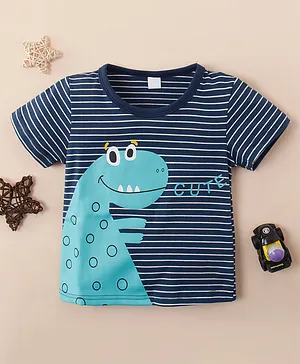 Kookie Kids Half Sleeves Striped Tee Dino Print - Navy Blue
