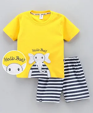 Little Folks Half Sleeves T-Shirt & Shorts Set Elephant Print Striped - Yellow