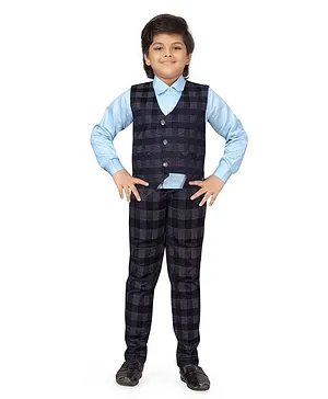 AJ Dezines Full Sleeves Shirt With Checkered Waistcoat & Pants Set - Blue & Black