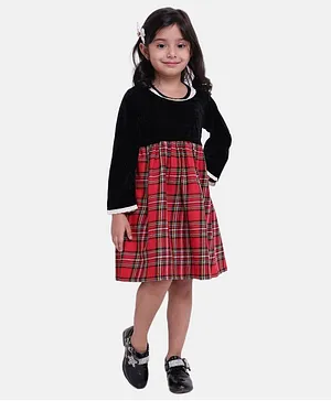 BownBee Full Sleeves Checked Flare Dress - Black