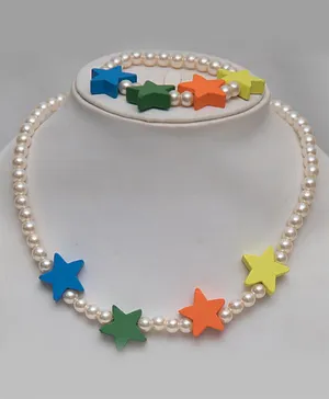 Tiny Closet Wooden Star Detailing Beaded Pearl Necklace & Bracelet Set - Multi Colour