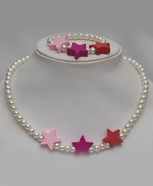 Tiny Closet Wooden Star Detailing Beaded Pearl Necklace & Bracelet Set - Pink