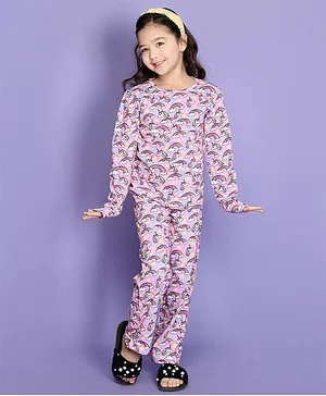 Lilpicks Couture Full Sleeves Unicorn & Rainbow Print Jumpsuit - Pink