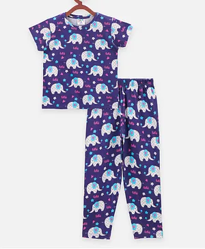 Lilpicks Couture Elephant Print Short Sleeves Night Suit - Blue