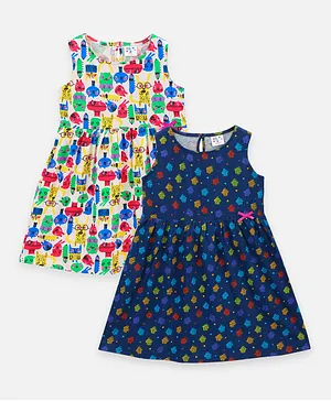 Lilpicks Couture Sleeveless Cup Cake & Monster Print Pack Of 2 Dress - Multi Color