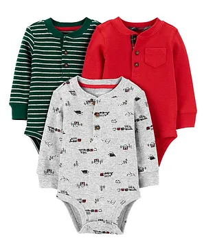 Carter's 3-Piece Long-Sleeve Thermal Bodysuits - Red Light Grey Green