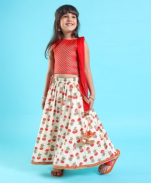 Babyhug Sleeveless Choli With Motif Print Lehenga and Netted Dupatta - Red Beige