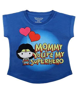 Wonder Woman By Crossroads Short Sleeves Mommy You're My Superhero Character Print  Top - Royal Blue