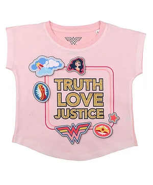 Wonder Woman By Crossroads Short Sleeves Truth Love Justice Print  Top - Pink