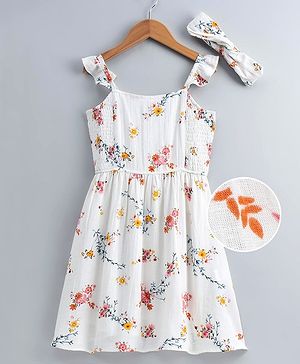 Pine Kids Floral Printed Singlet Frock with Smocked Bodice - White