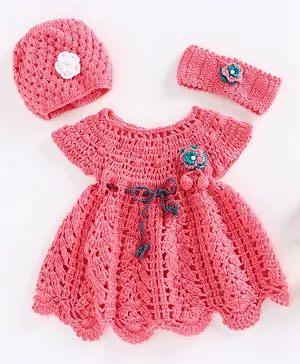USHA ENTERPRISES Short Sleeves Crochet Baby Dress With Cap & Booties - Pink
