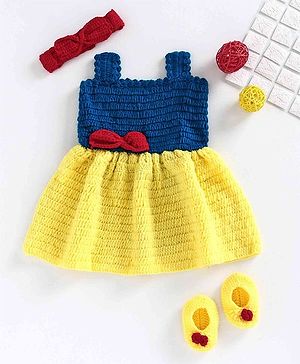 USHA ENTERPRISES Sleeveless Colour Blocked Baby Dress With Headband & Booties - Blue & Yellow