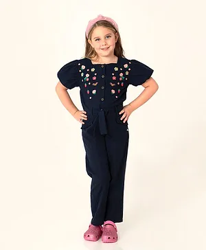 Cherry Crumble By Nitt Hyman Short Sleeves Flower Embroidery Jumpsuit - Navy Blue