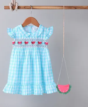Babyoye Cotton Cap Sleeves Checks Frock & Sling Bag  Watermelon Embroidery - Light Blue White