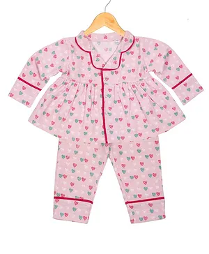 The Mom Store Hearts Print Full Sleeves Night Suit - Pink