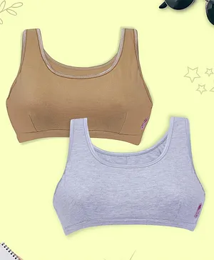 D'chica Set Of 2 Solid Colour Non Wired Non Padded Bra - Grey & Beige